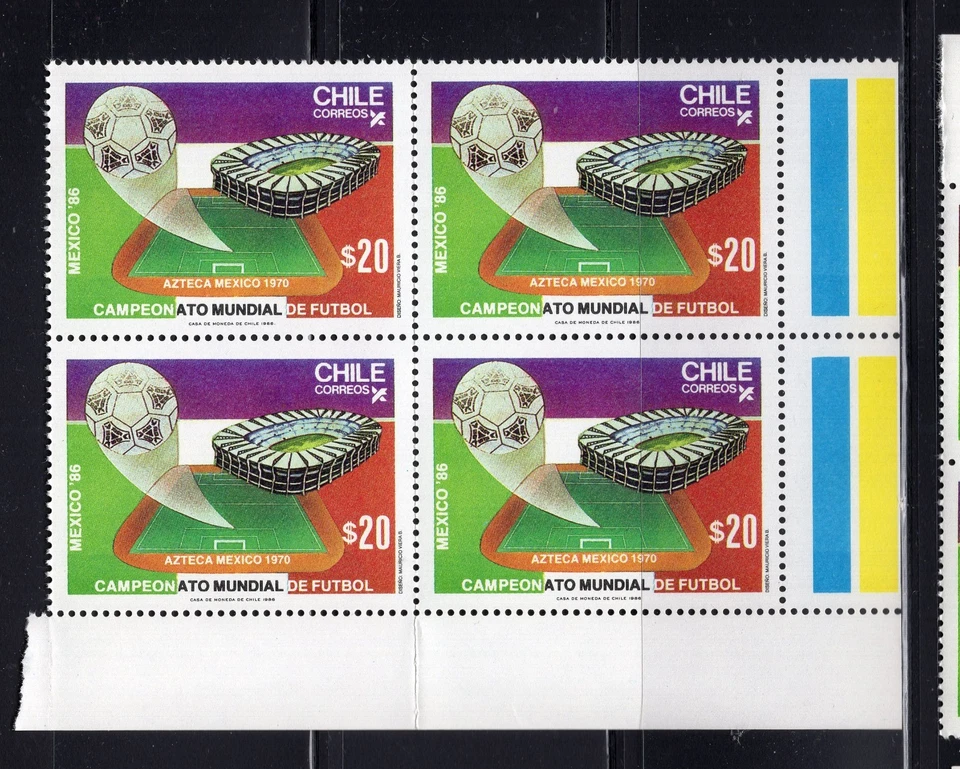 CHILE 1986 Mundial Fútbol Fútbol Fútbol 20p MNH Bloque de 4 Esquinas Hoja L1 Foto 1 de 1