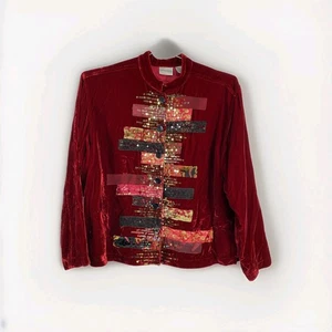 Chico's Jacket Womens 2 Red Velvet Sequin Embellished Silk Lined Button Front - Picture 1 of 14