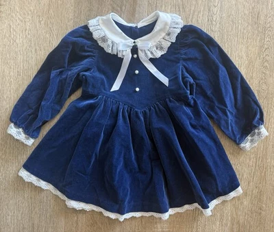 Vestido Good Lad Vintage Azul Marino Terciopelo Blanco Encaje Cuello Niñas 4T EE. UU. Foto 1 de 4