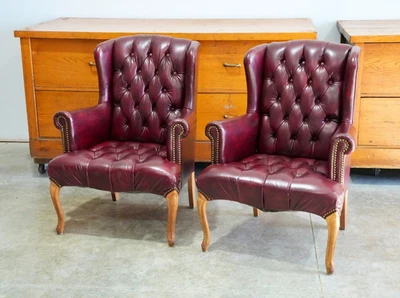 Vintage Tufted Wingback Chairs Faux Leather Oxblood Library Office club chairs - Image 1 of 4