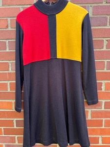 Vtg Karin Stevens Color Block Dress Long Sleeve Mock Neck Retro Mod Geometric- M - Picture 1 of 3