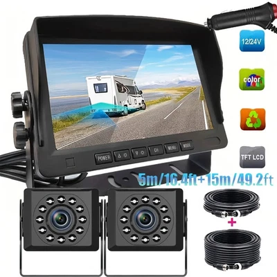 7" HD Monitor with Dual 12LED Rear View Cameras-Heavy Duty CCD for Truck Parking - Image 1 of 4