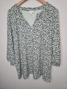 J Jill Blouse XL Green Black Floral Ruffle Neck Cotton Modal CottageCore Coastal - Picture 1 of 16