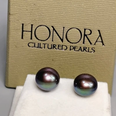 Aretes Honora de plata de ley 925 de 9 mm gris perlas de agua dulce Estate Post Foto 1 de 4