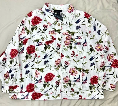 Jaqueta Tahari Feminina XXXL Linho Floral Gola Blazer Bolsos - Imagem 1 de 4