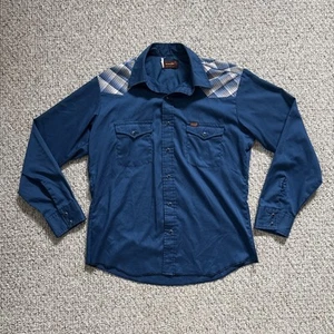 Vintage 1980s Wrangler Navy & Plaid Pearl Snap Western Shirt - Size Large - Picture 1 of 9