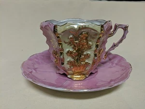 Vintage Antique Golden Gilded Pink Whimsical Hexagon Teacup & Saucer - Picture 1 of 8