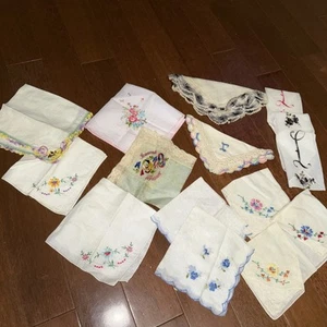 Vintage Konvolut 14 Damen Taschentücher Blumenstickerei gehäkelt - Bild 1 von 7