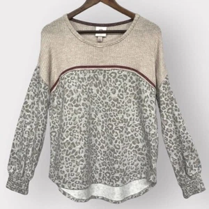 Knox Rose Women's Long Sleeve French Terry Shirt Size Small Gray Leopard Print - Picture 1 of 5