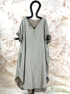 LaBass Kleid Baumwolle Streifen V-Ausschnitt Knopf Taupe EG 44 - 56 - Bild 1 von 11