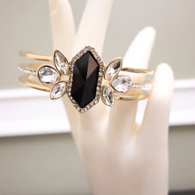 Guess bracelet Art Deco black center stone clear pave crystals cuff goldtone - Image 1 of 4