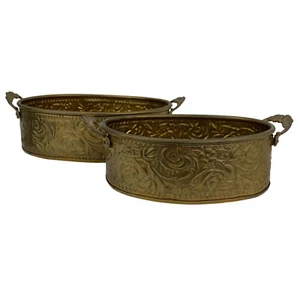 Vintage Lot of 2 Floral Embossed Brass Oblong Planter Flower Pots W/ Handles - Photo 1 sur 15