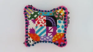 Handcrafted Needlepoint Colorful Crazy Quilt Style Pillow Poms Lace Trim 13"sq - Picture 1 of 9