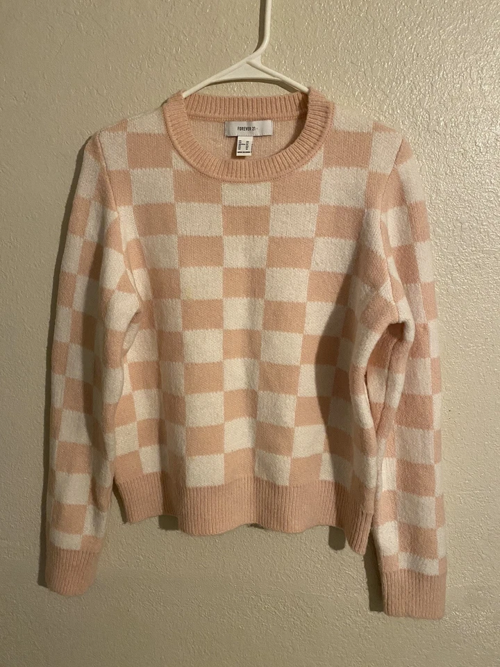 Suéter xadrez Forever 21 rosa e branco manga longa 0X - Imagem 1 de 4