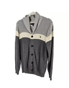 US Polo Assn Men’s Grey Stripe Cardigan Collared Button Down Embroidered Logo   - Picture 1 of 14