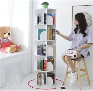 5 Tier Versatile Round Wooden Rotating Swivel Bookshelf Bookcase Shelves White - Picture 1 of 9