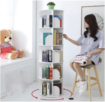 5 Tier Versatile Round Wooden Rotating Swivel Bookshelf Bookcase Shelves White - image 1 of 4