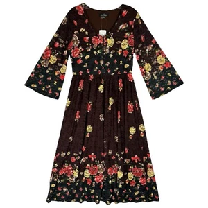 Robe midi neuve Suzanne Betro dentelle florale taille M marron boho terreux neutre col V - Photo 1/18