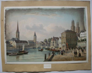 Zürich Ansicht an der Limnat Biedermeier Orig Farblithografie 1830 Schweiz - Bild 1 von 3