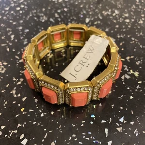 J Crew coral rhinestones stretchy bracelet pink and gold NWT - Picture 1 of 3