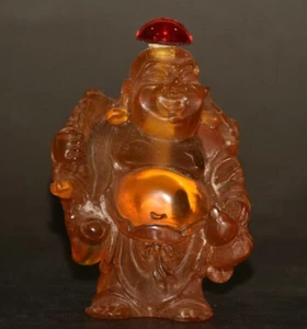 3.8"Old China Yellow Amber Carved Stand Maitreya Buddha Statue Snuff Bottle H134 - Picture 1 of 9