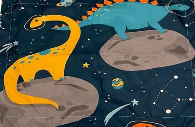 Dinosaurs in Space Duvet Set 78”x 88” (Full) Navy With Colorful Happy Dinosaurs! - Image 1 of 4