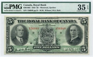 1933 $5 Royal Bank of Canada - Choice Very Fine, PMG VF35 EPQ - Picture 1 of 2