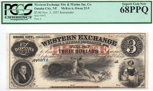 1857 $3 Western Exchange Omaha City, Nebraska Obsolete - PCGS 68 PPQ! Superb GEM - Picture 1 of 4