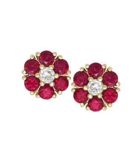 2 CT Lab Created Ruby Women's Halo Flower Stud Earrings 14K Yellow Gold Plated - Picture 1 of 2