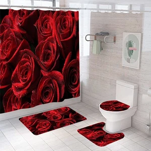 Rose Shower Curtain Bathroom Rug Set Bath Mat Pedestal Rug Toilet Lid Cover - Picture 1 of 12