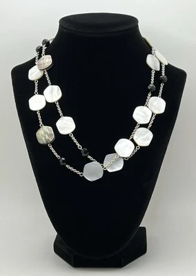 Lia Sophia “Night Oasis” Silver Tone Mother of Pearl & Black Beads Long Necklace - Image 1 of 4