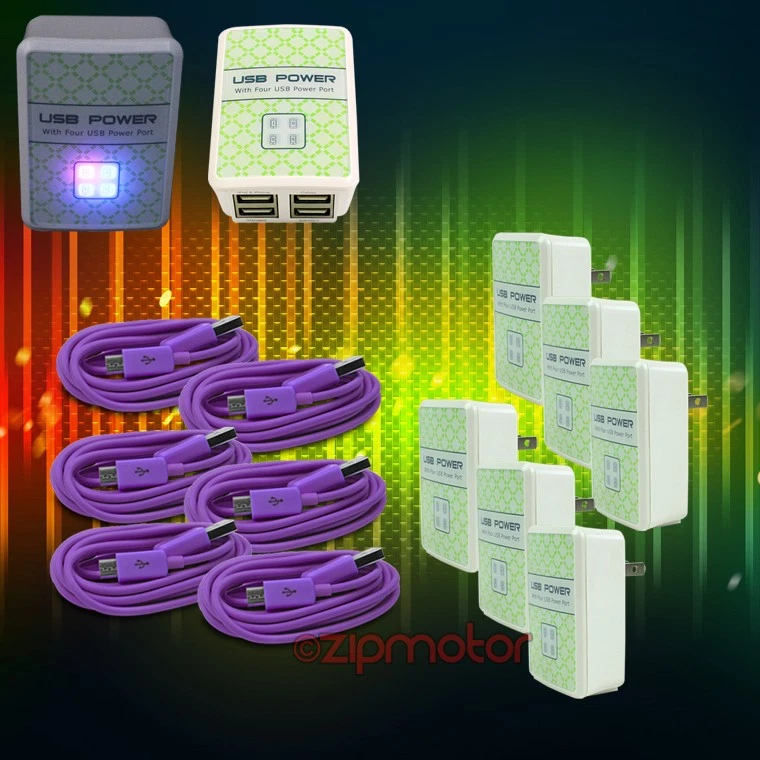 6X 4 USB PORT HUB WANDADAPTER + 3FT KABEL NETZTEIL LADEGERÄT LILA GALAXY NOTE NEXUS - Bild 1 von 1