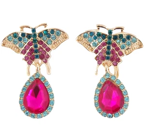 Pretty! 1.5" DESIGNER STYLE BUTTERFLY CRYSTAL RHINESTONE DROP DANGLE EARRINGS - Picture 1 of 18