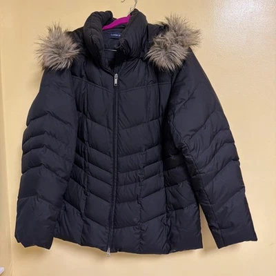 VTG Lands End 1X Black Chevron Down Puffer Jacket With FAUX FUR TRIM- Preowned - Image 1 of 4