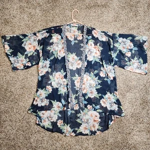 BOG Collective Navy Blue Floral Sheer Open Front Cardigan Kimono Medium Large - Picture 1 of 6