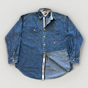 Camisa vaquera Tommy Hilfiger vintage para hombre L azul abotonada hip hop años 90 Y2K - Imagen 1 de 9