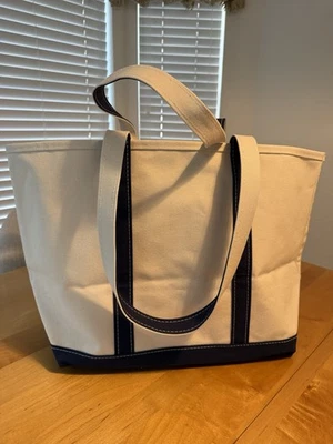 NWOT LL Bean Boat & Tote Bag LARGE w/Navy Trim cream Canvas Embroidered See Ad - Image 1 of 4