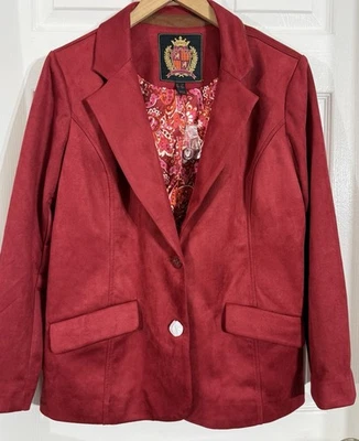 NEW Isaac Mizrahi Live Estate RED Stretch Faux Suede Lined Blazer LARGE Petite - Image 1 of 3