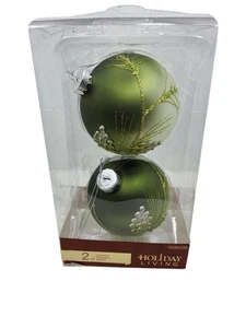 New Pr of 2 Holiday Living Green and Silver Glitter Leaves Lg. Ball Ornaments - Picture 1 of 6