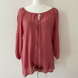 NWT $198 Johnny Was Calme Gauze split sleeve Blouse Size xs Bohemian Pom Poms - Picture 1 of 10