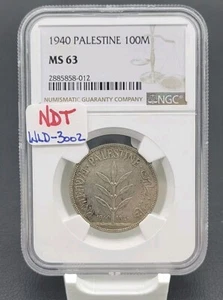 1940 PALESTINE SILVER 100M 100 MILS NGC MS63 - Picture 1 of 2