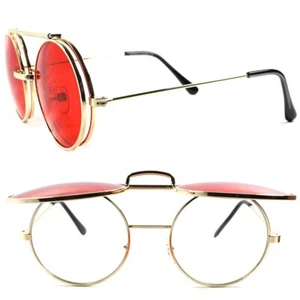 Retro-Stil Herren Damen Django Lennon goldfarbene aufklappbare rote Gläser runde Sonnenbrille - Bild 1 von 5