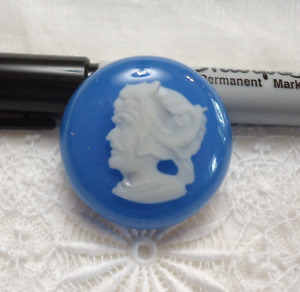 Vintage Blue Acrylic Paperweight CAMEO Picture Button 1 3/8"  E. Quinn