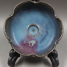 Chinese Song Jun Kiln Porcelain Blue Glaze Stipple Lotus Shape Brush Washer 5.5"