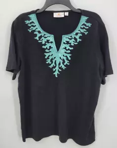 Quacker Factory Top Womens Plus 1X Black Blue Embroidered Beaded Southwestern - Picture 1 of 9