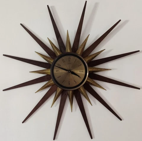 Sweet Vtg Atomic MCM Mid Century Welby Starburst Wall Clock Brass Walnut WORKS Cover