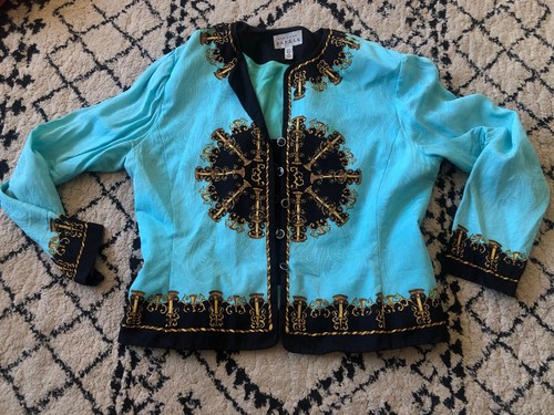 Vtg Adrianna Papell Evening 100% Silk Metallic G Teal Cardigan Buttons ZZ