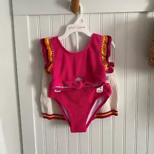 Betsey Johnson Girls Pink 2 Piece Swimsuit Tankini w/ Crochet Shorts Set 6Y NEW! - Picture 1 of 9