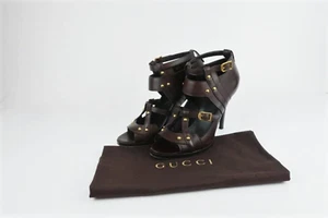 Gucci Booties Dark Brown Studded Leather Size 8.5 Open Toe Cutout Ankle Boots - Picture 1 of 8
