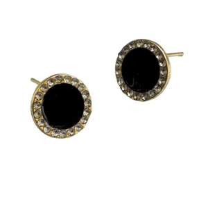 Men’s Yellow Gold Tone with Faux Black Onyx and Faux Diamond Stud Earrings NEW - Picture 1 of 10